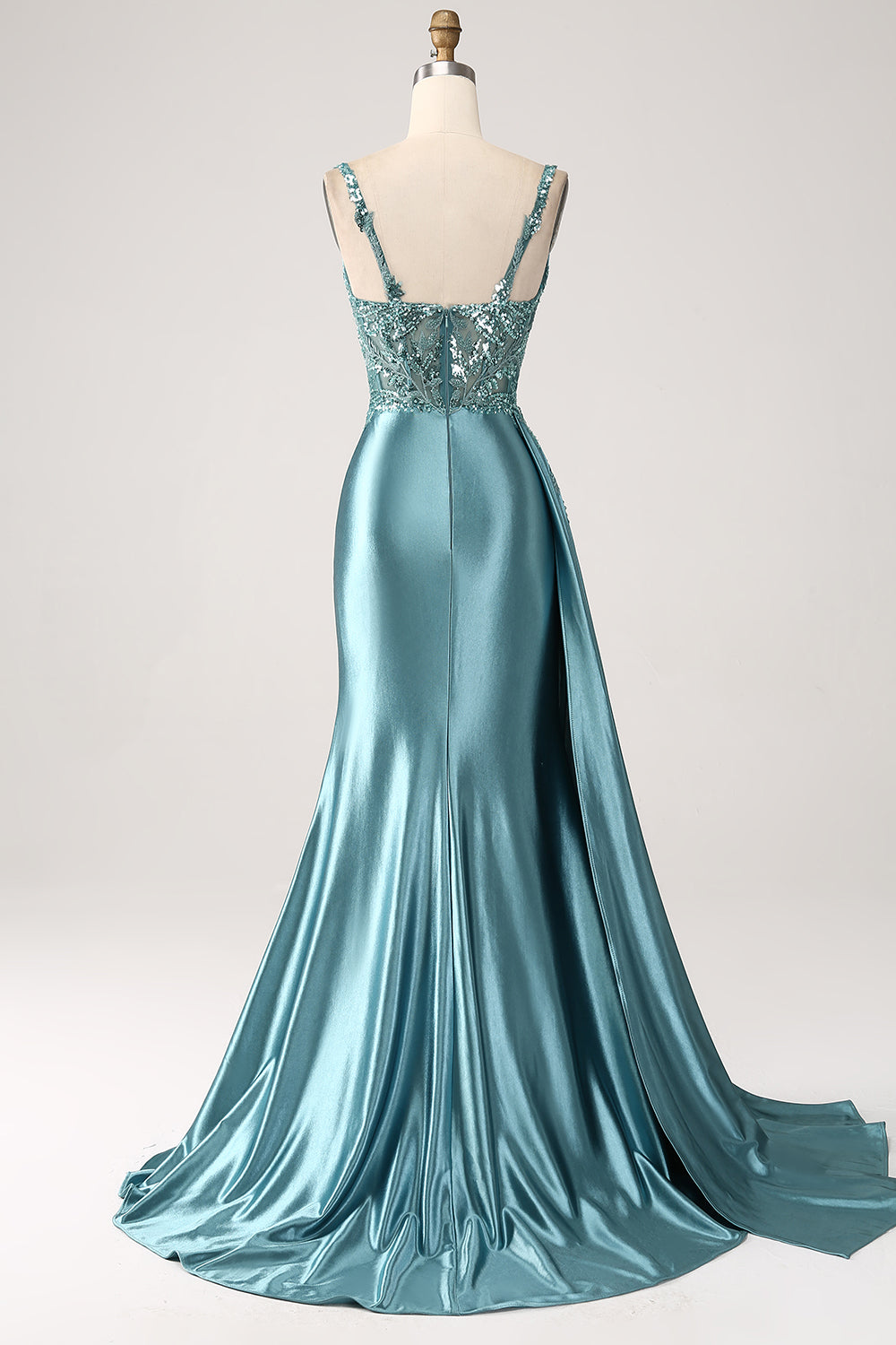 Sparkly Dark Green Mermaid Corset Satin Side Cape Prom Dress with Slit