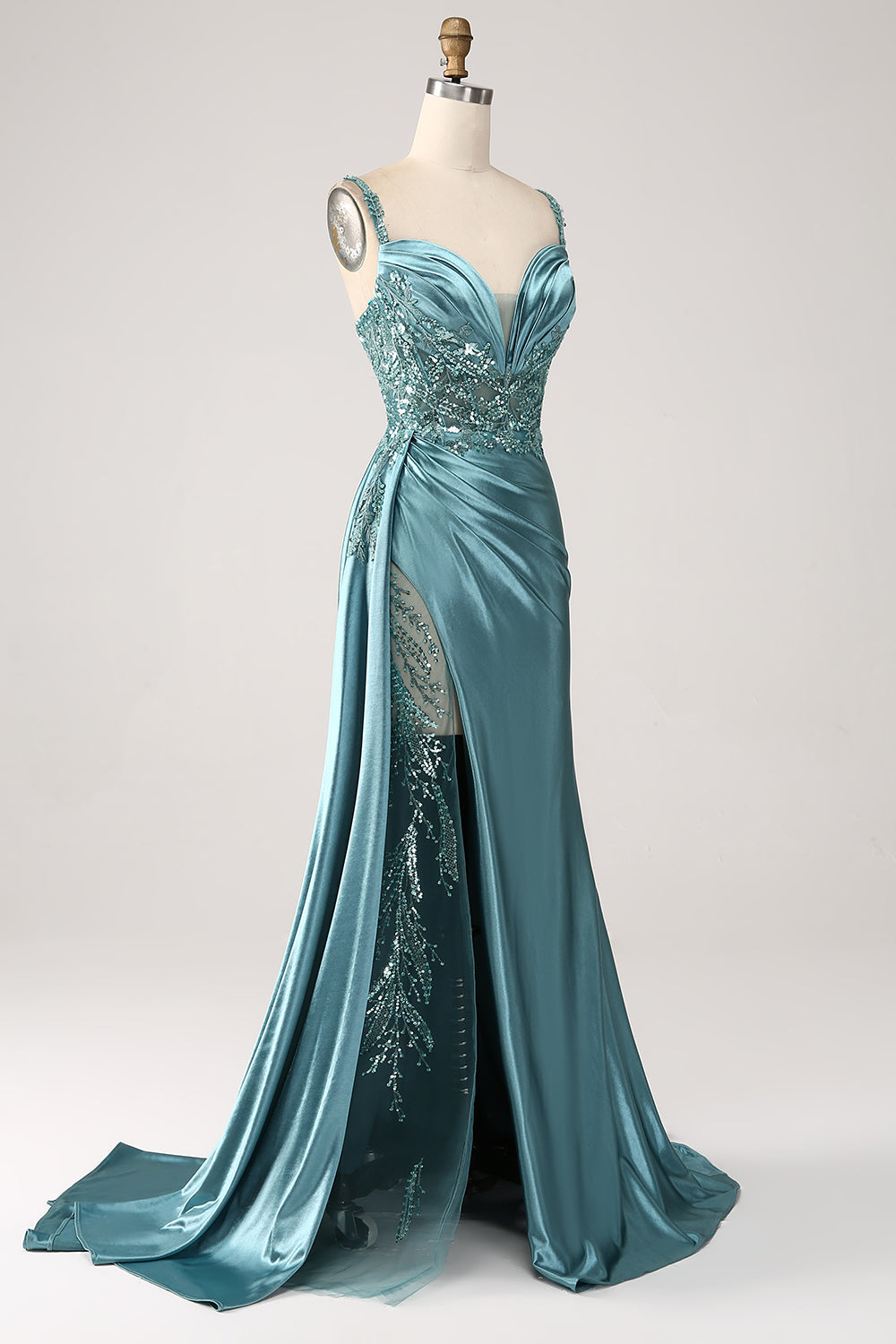 Sparkly Dark Green Mermaid Corset Satin Side Cape Prom Dress with Slit