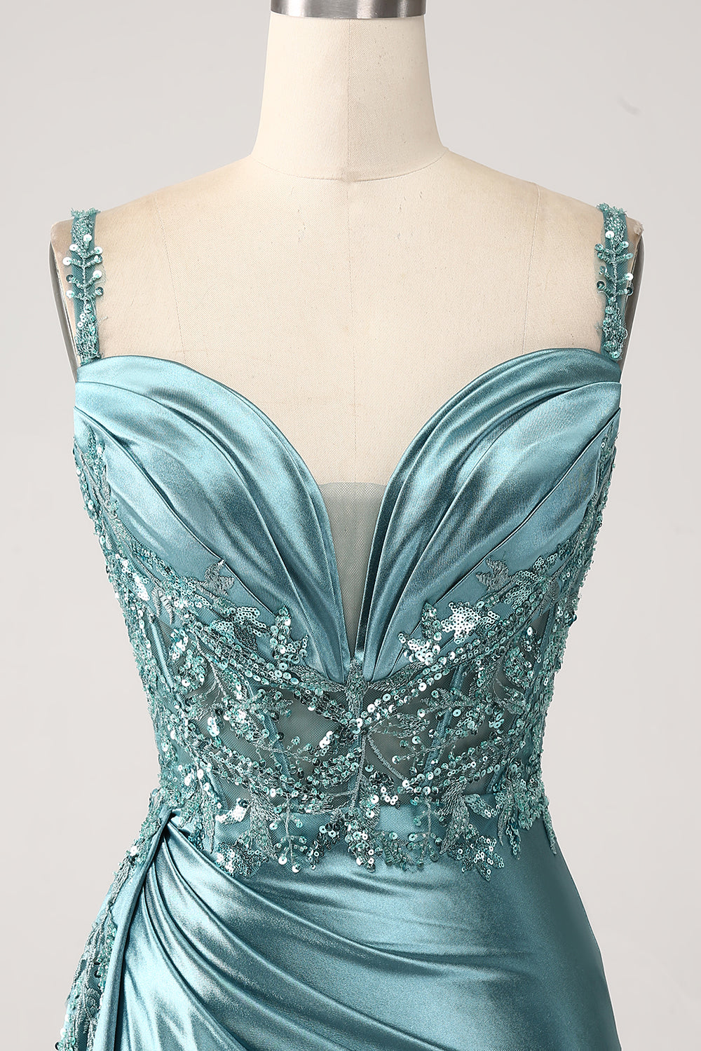 Sparkly Dark Green Mermaid Corset Satin Side Cape Prom Dress with Slit