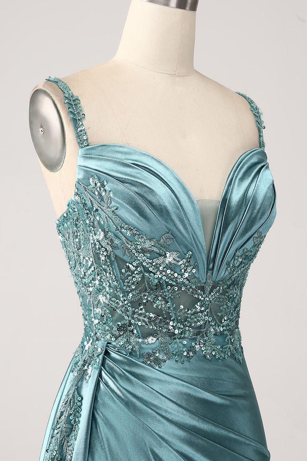 Sparkly Dark Green Mermaid Corset Satin Side Cape Prom Dress with Slit