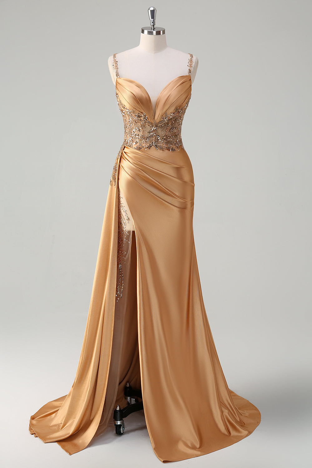 Sparkly Dark Green Mermaid Corset Satin Side Cape Prom Dress with Slit