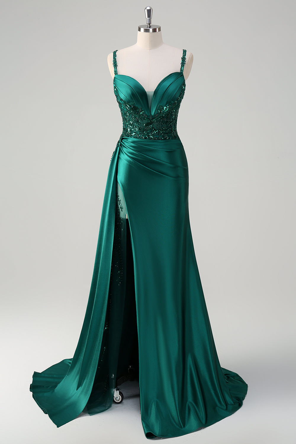 Sparkly Dark Green Mermaid Corset Satin Side Cape Prom Dress with Slit
