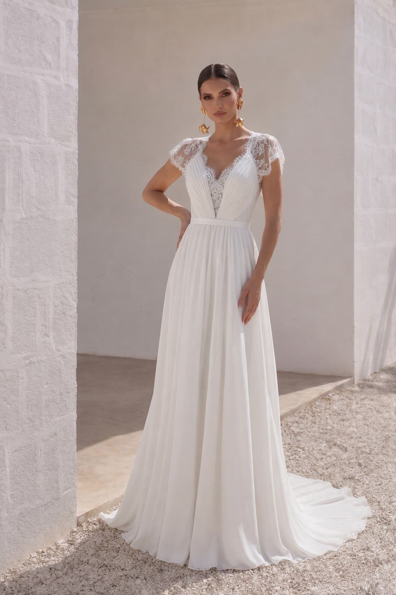 A-Line Sweep-Brush Train Chiffon Wedding Dress LD2676