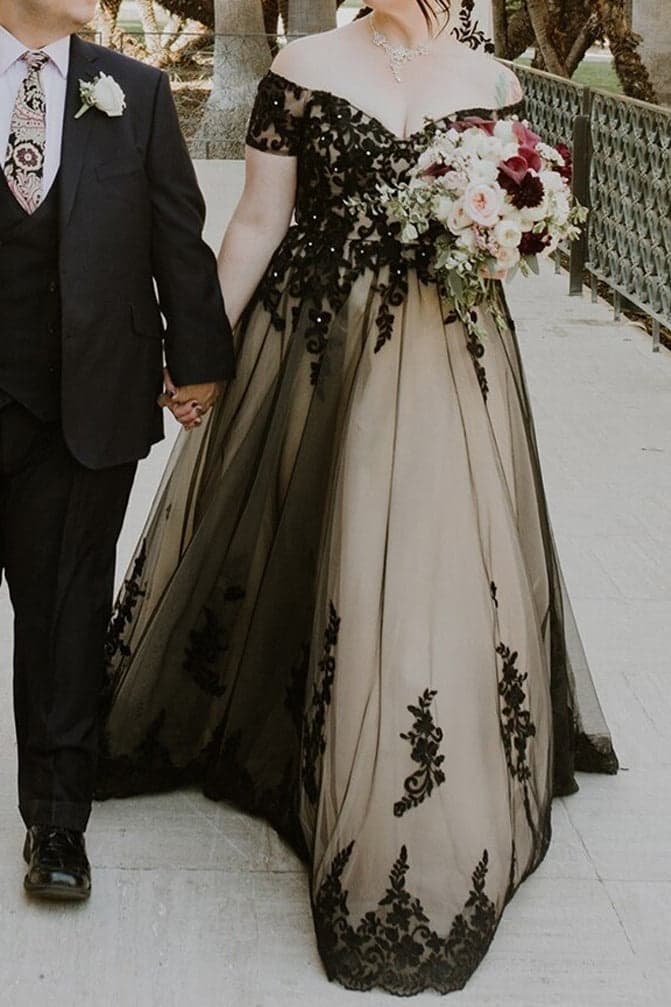 A-Line Sweep-Brush Train Tulle Gothic Wedding Dress LD5830