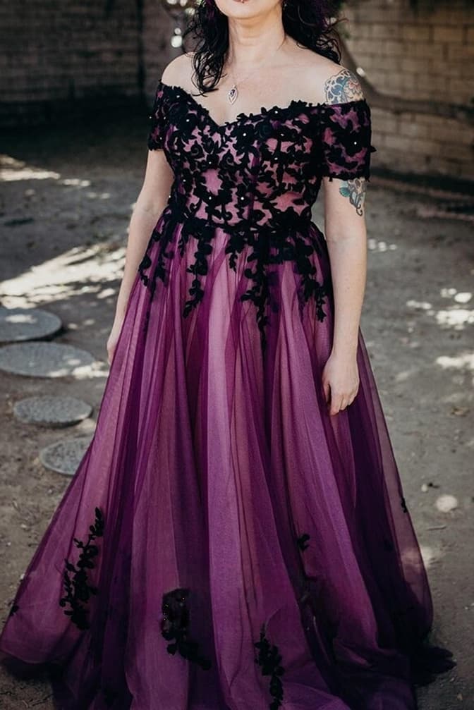 A-Line Sweep-Brush Train Tulle Gothic Wedding Dress LD5830