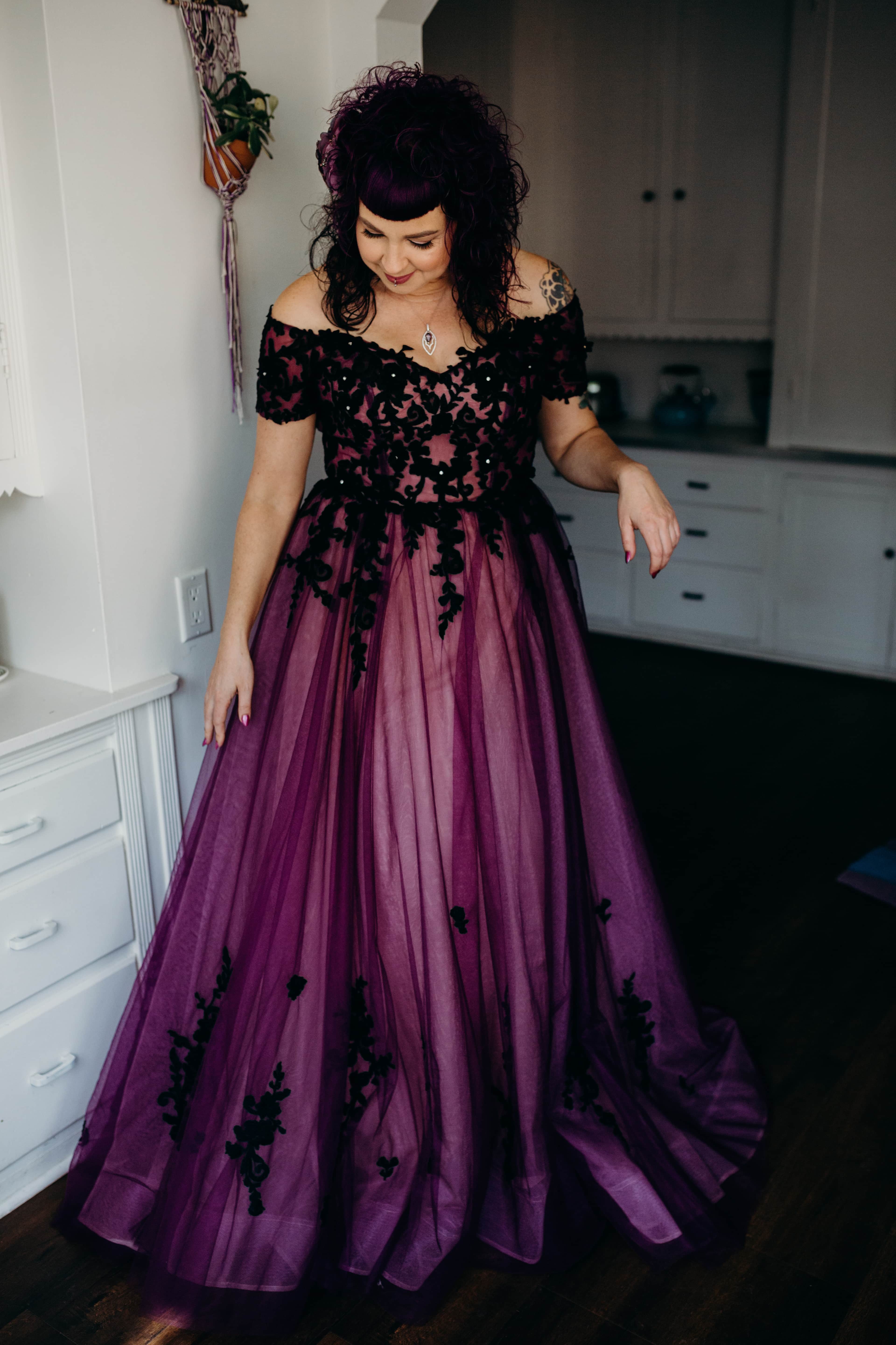 A-Line Sweep-Brush Train Tulle Gothic Wedding Dress LD5830