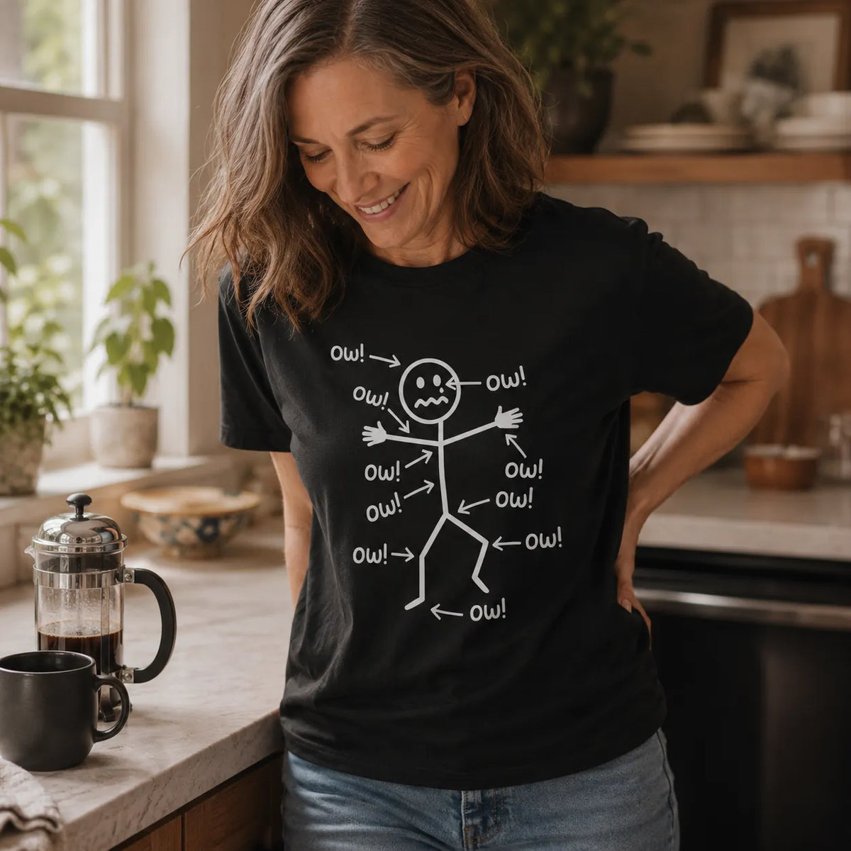Achewear – Funny Ow! Stick Figure Graphic Tee. Relaxed Fit Cotton-like T-Shirt for Women & Men