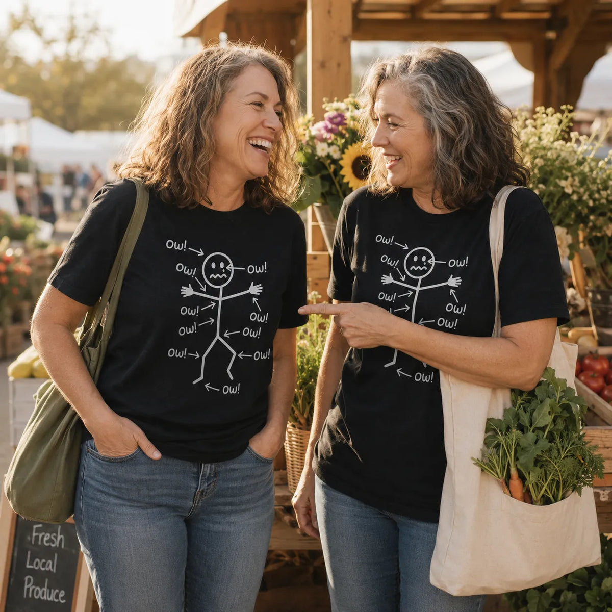 Achewear – Funny Ow! Stick Figure Graphic Tee. Relaxed Fit Cotton-like T-Shirt for Women & Men