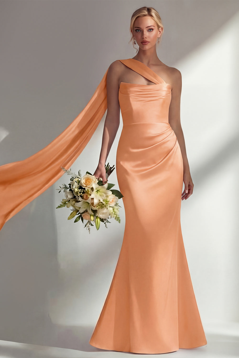 Burgundy Satin Mermaid Neck Scarf Ruched Long Prom Dress