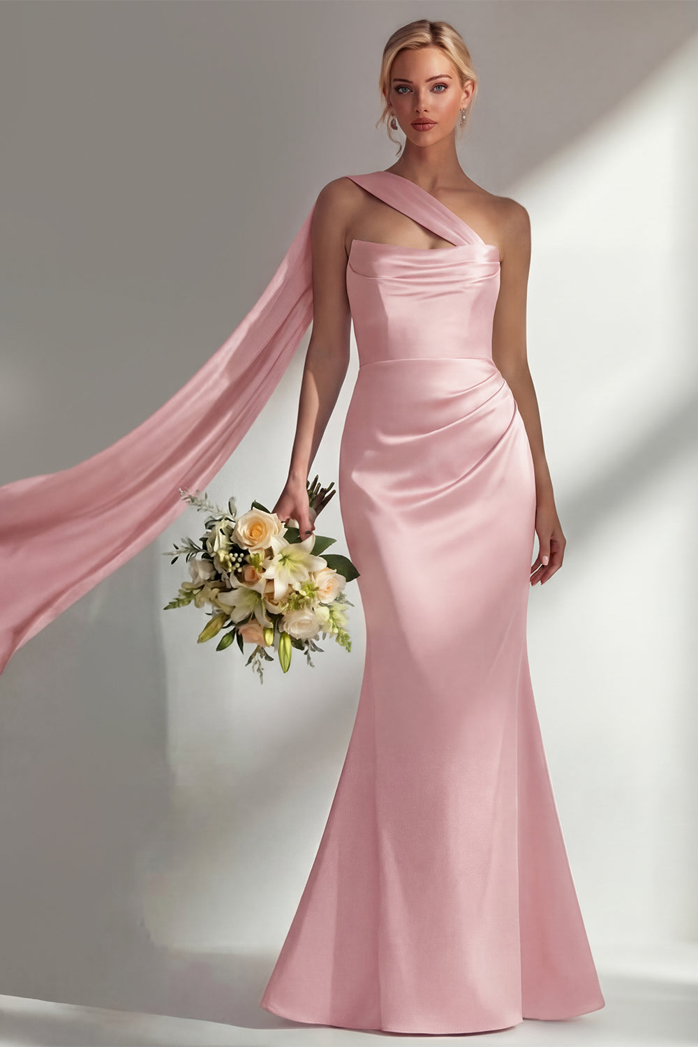 Burgundy Satin Mermaid Neck Scarf Ruched Long Prom Dress