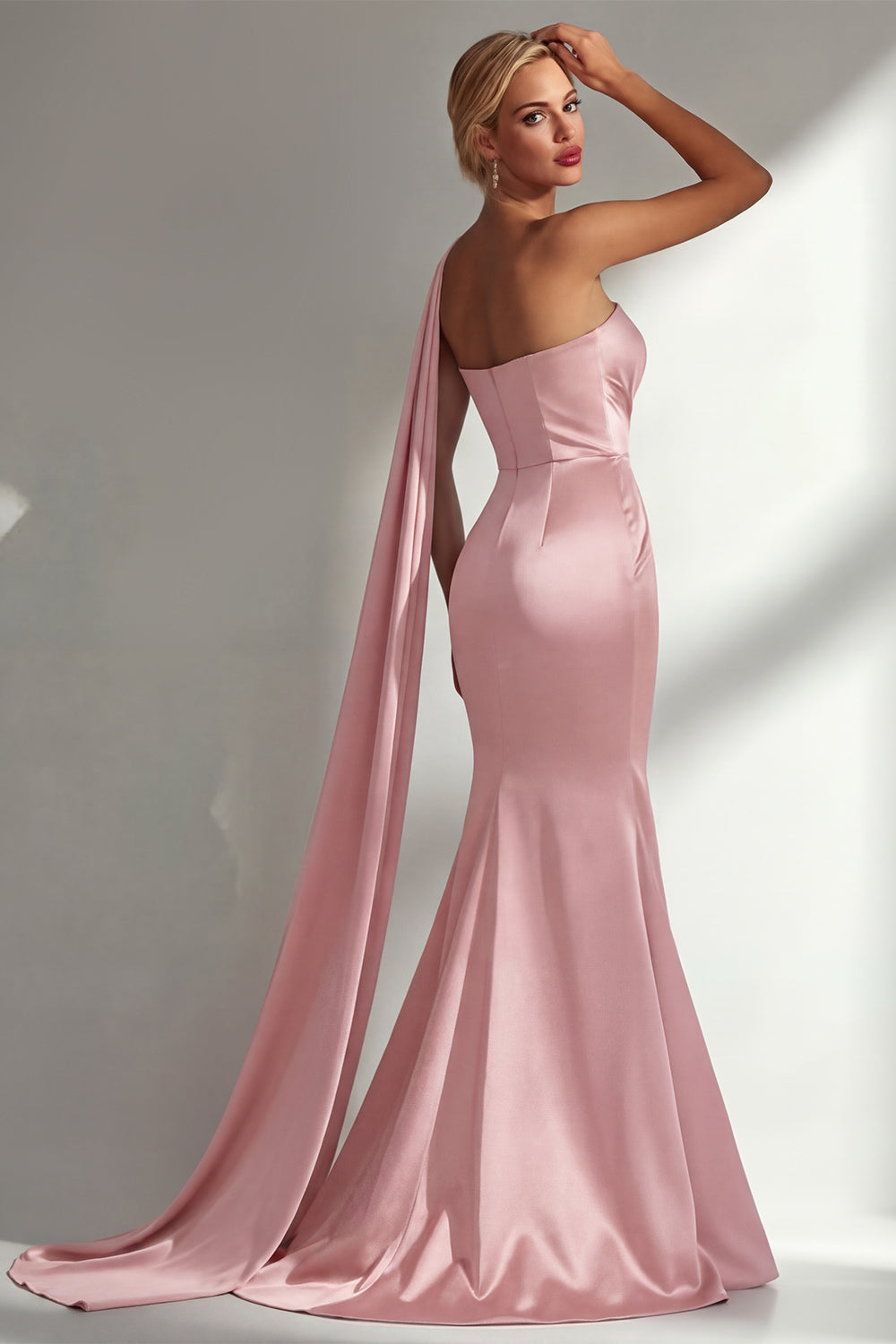 Burgundy Satin Mermaid Neck Scarf Ruched Long Prom Dress