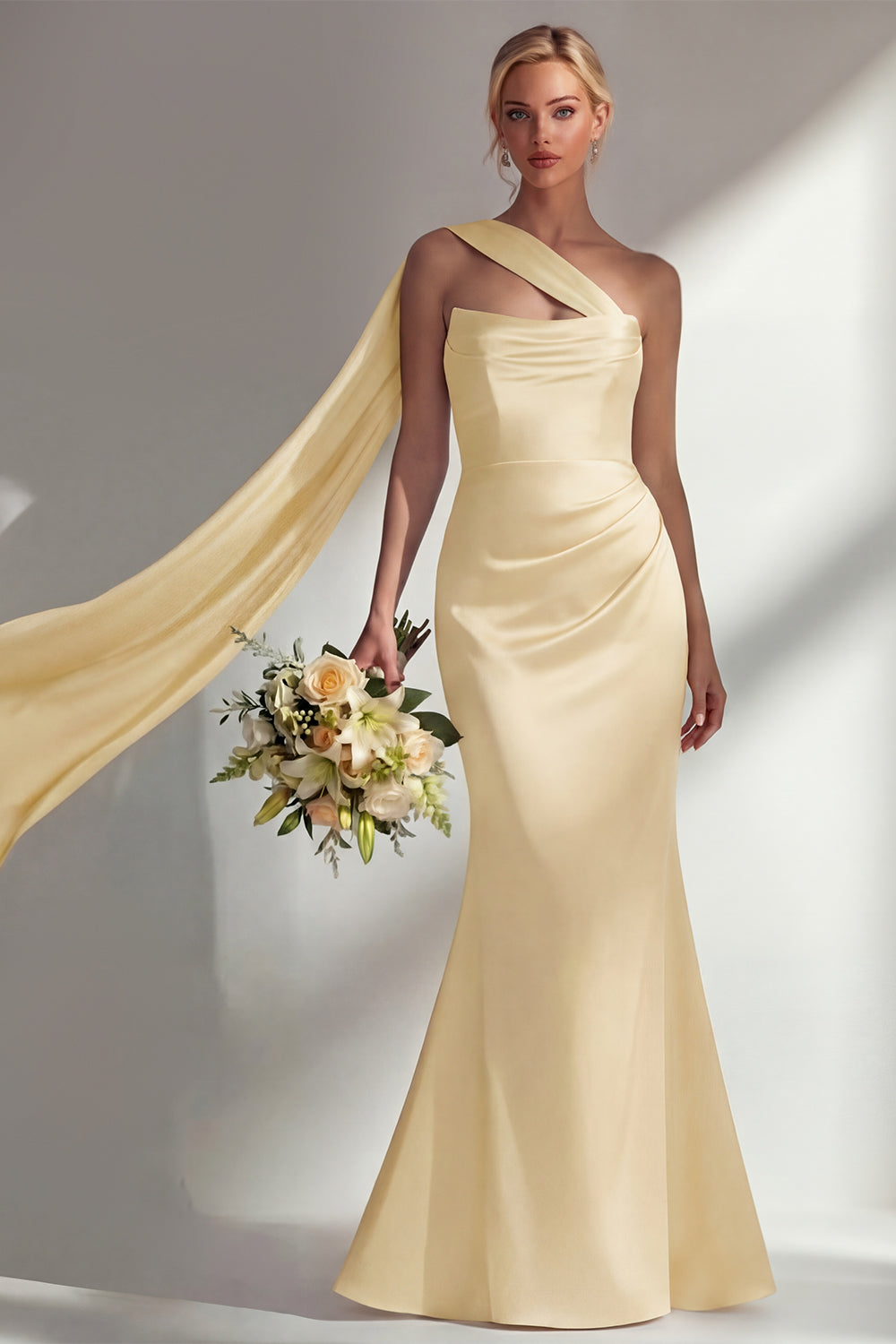 Burgundy Satin Mermaid Neck Scarf Ruched Long Prom Dress