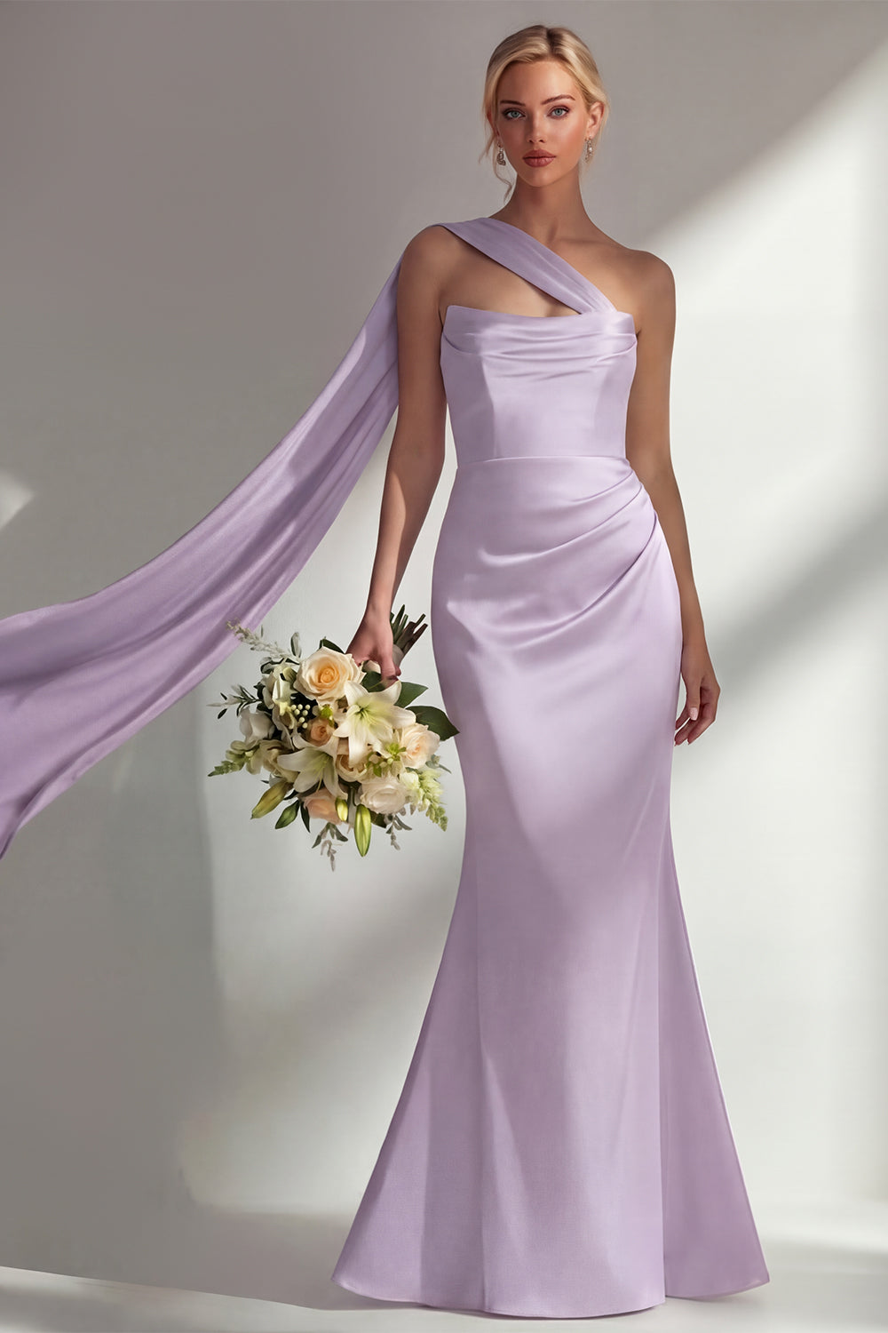 Burgundy Satin Mermaid Neck Scarf Ruched Long Prom Dress