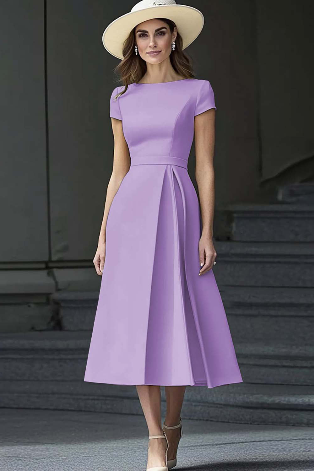 Dusty Blue Satin A Line Bateau Neck Midi Work Dress with Sleeves