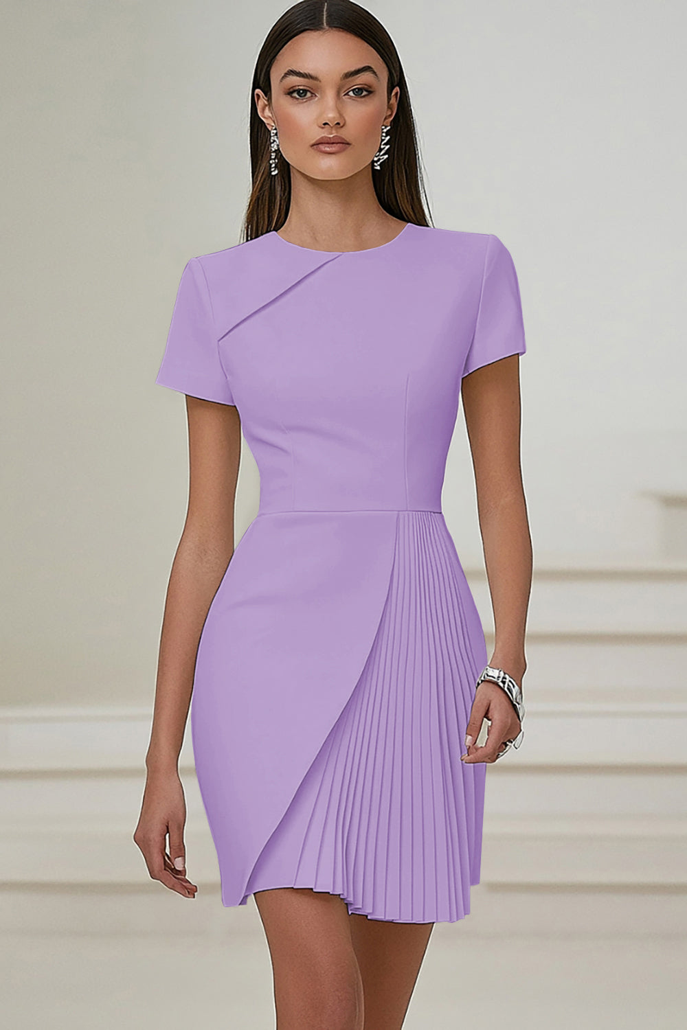 Dusty Blue Bodycon Round Neck Satin Work Dress with Short Sleeves