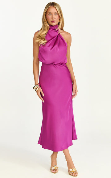 Minnie Midi Dress - Drape Neck Satin Slip Dress in Purple