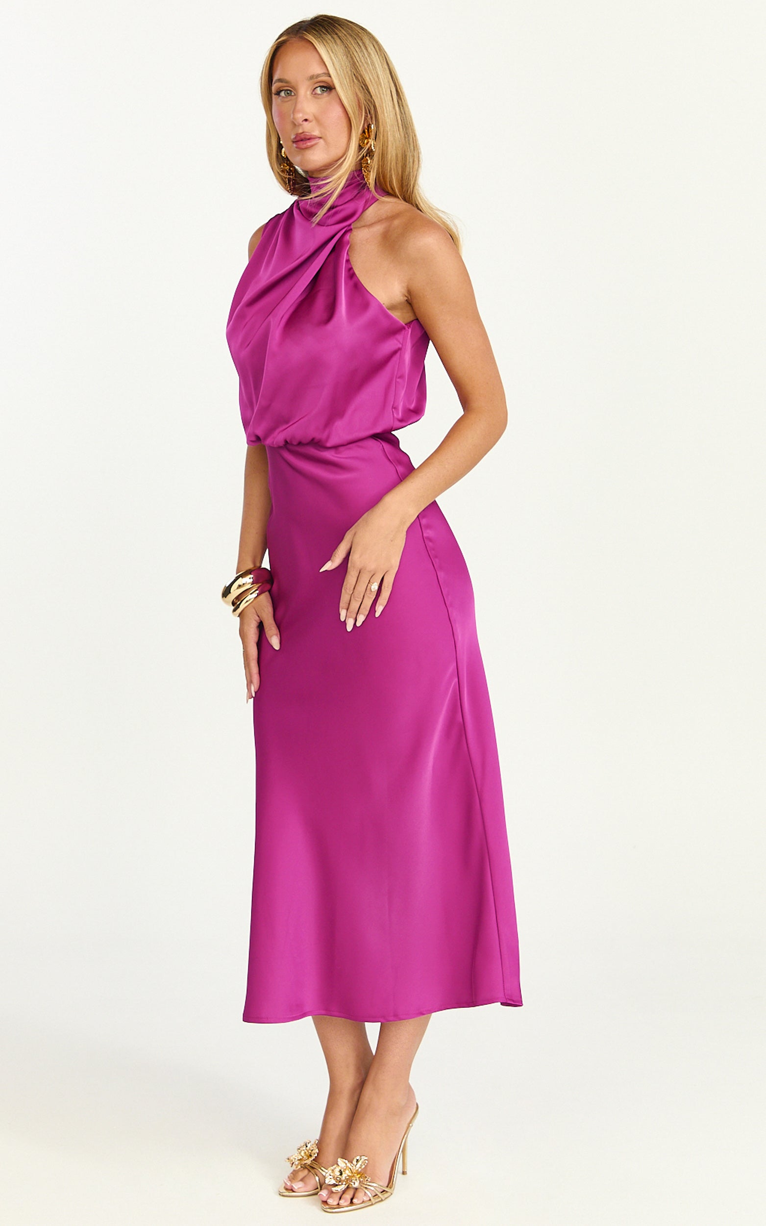 Minnie Midi Dress - Drape Neck Satin Slip Dress in Purple