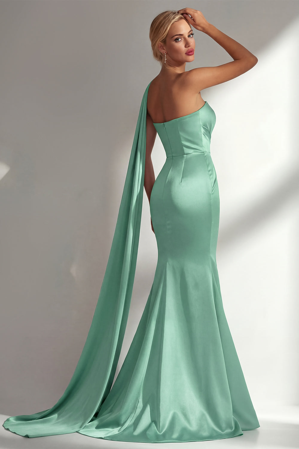 Burgundy Satin Mermaid Neck Scarf Ruched Long Prom Dress