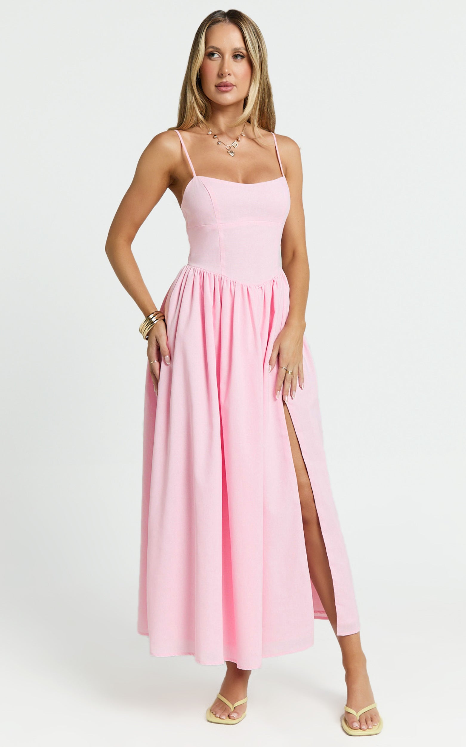 Morris Midi Dress - Linen Scoop Neck Gathered Dress in Pink