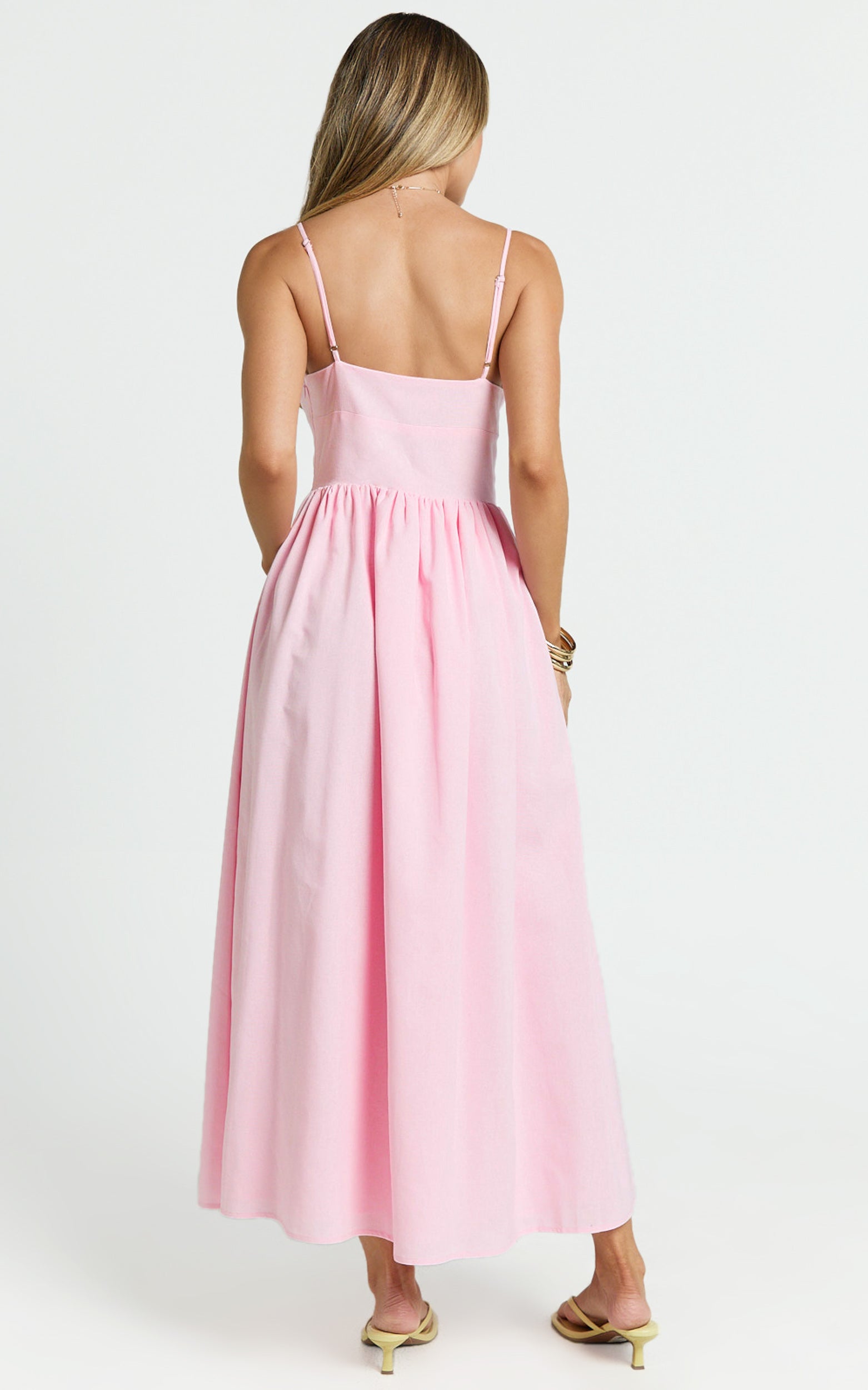 Morris Midi Dress - Linen Scoop Neck Gathered Dress in Pink