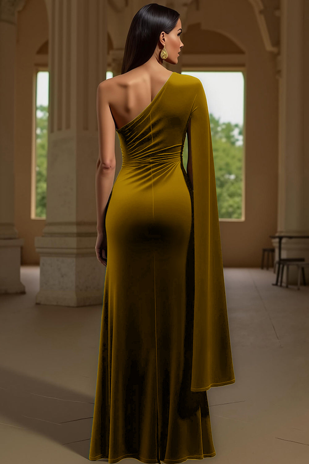 Dark Green Sheath Velvet One Shoulder Long Holiday Party Dress with Slit