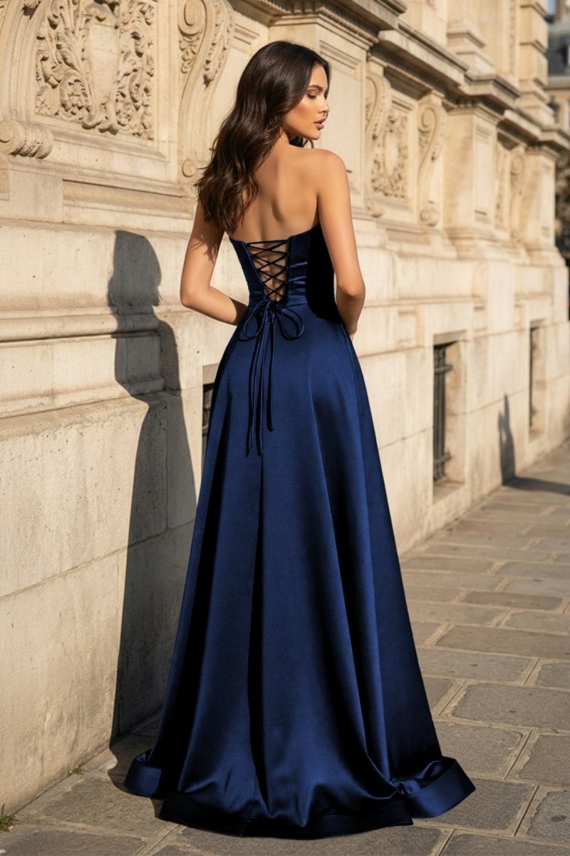 A Line Black Strapless Satin Prom Dresses With Slit