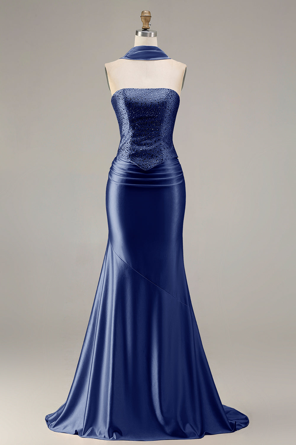 Sparkly Champagne Mermaid Neck Scarf Long Prom Dress with Beading