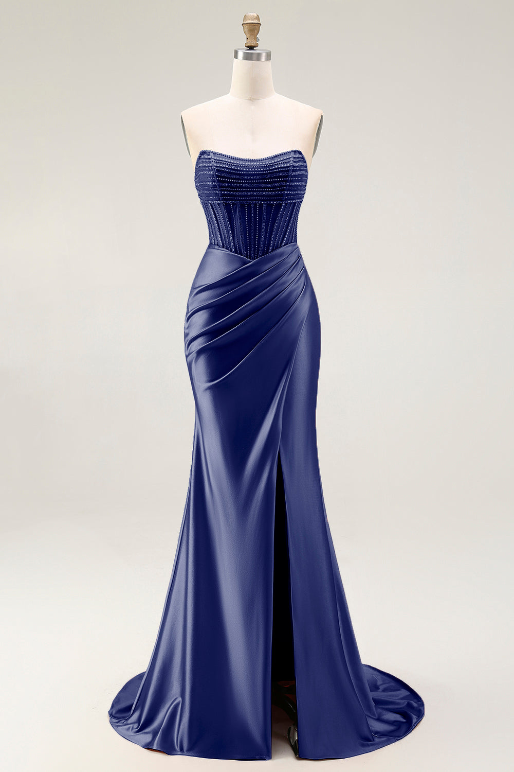 Sparkly Blush Mermaid Strapless Ruched Long Prom Dress with Slit