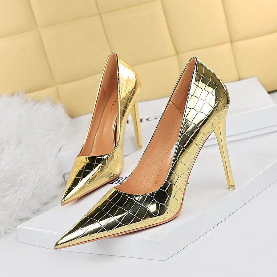 Gold Faux Leather Pointy Stiletto Heels 666858462308