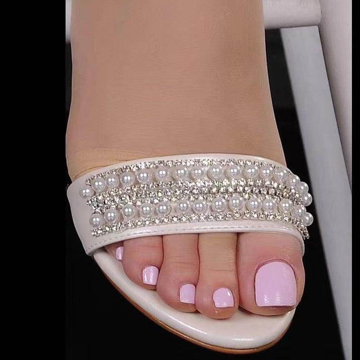 White Pearl and Rhinestone Ankle Strap Block Heel Sandals 728679690326