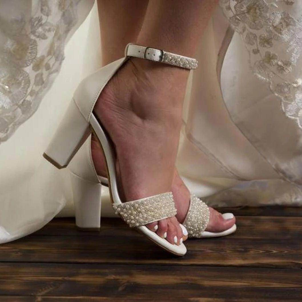 White Pearl Ankle Strap Round Block Heel Sandals 708036540906