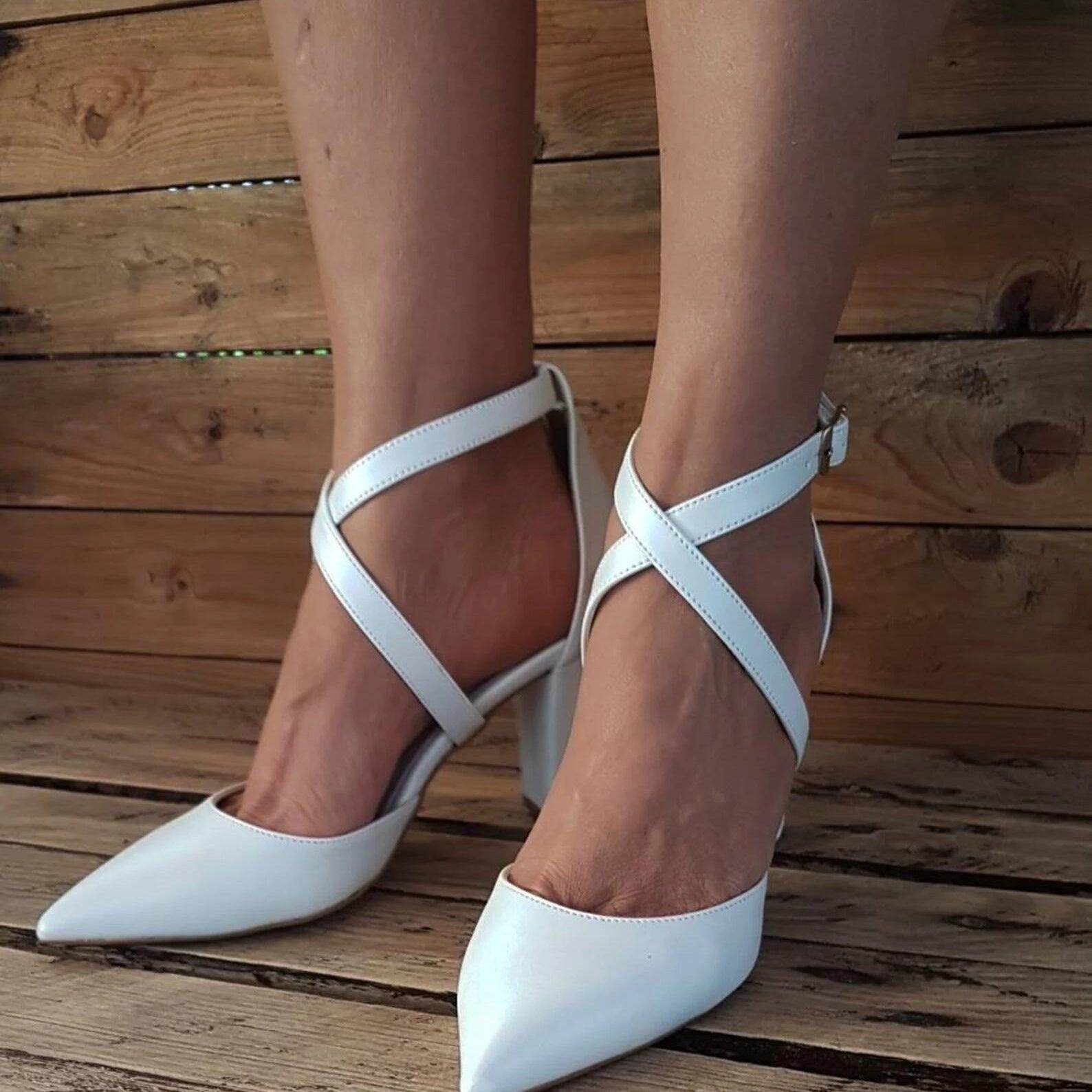 White Cross Pointy  Block Heel Sandals 709079195670