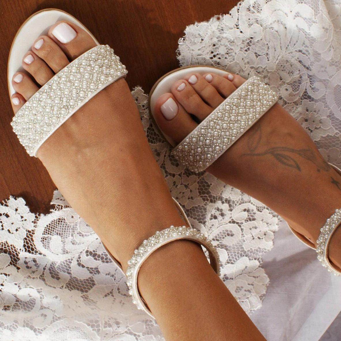 White Pearl Ankle Strap Round Flat Shoes 709075859698