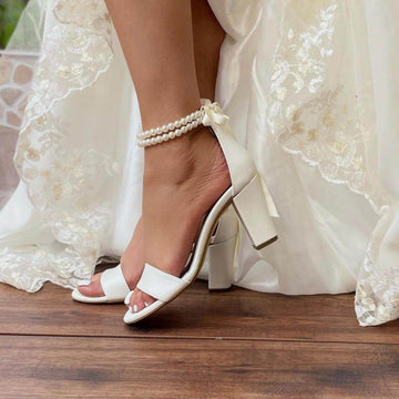 White Pearl Ankle Strap Round Block Heel Sandals 709190758540