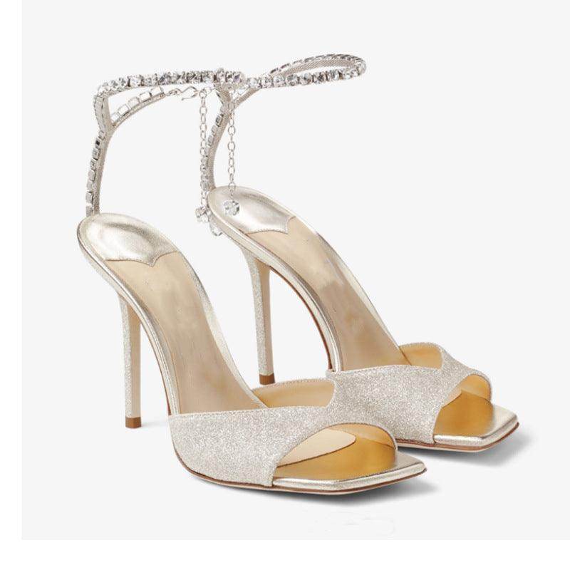 Glitter and Rhinestone Ankle Strap Square Stiletto Heels 695399992506