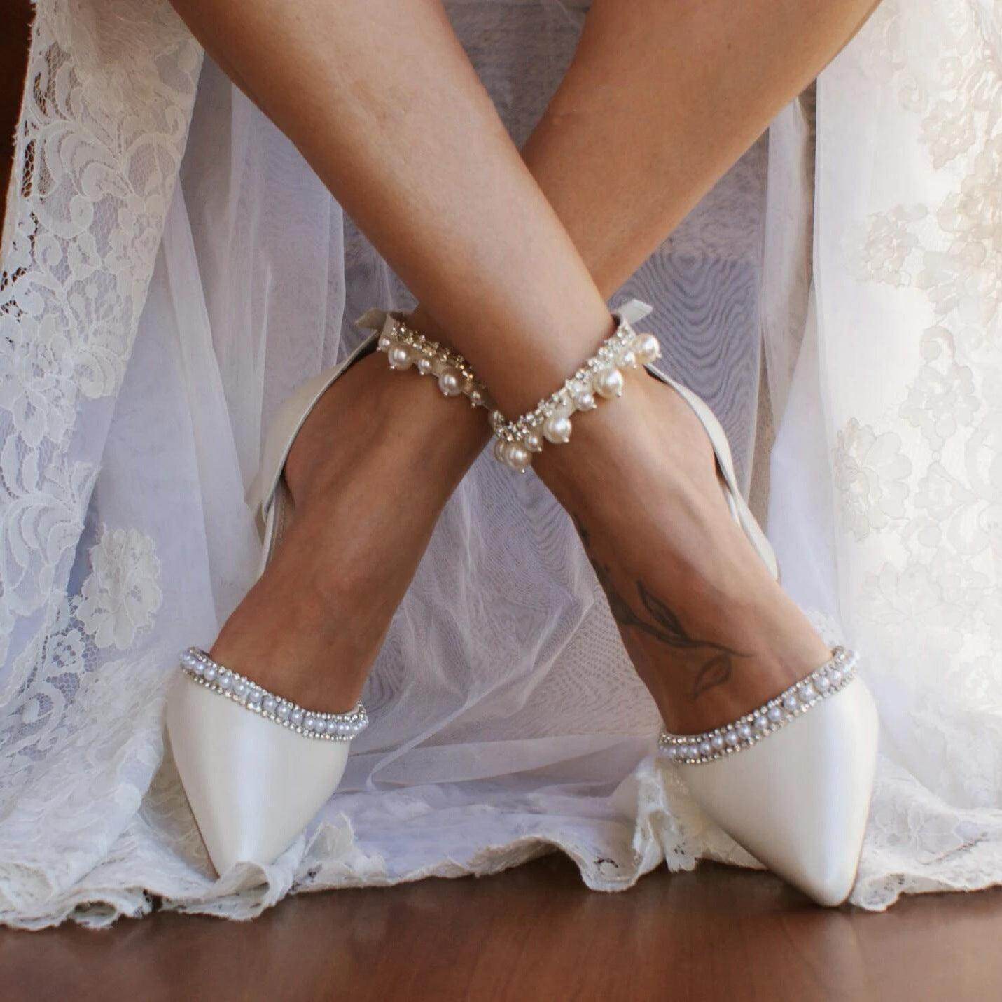 White  Pearl  Ankle Strap Pointy  Block Heels 709119829327
