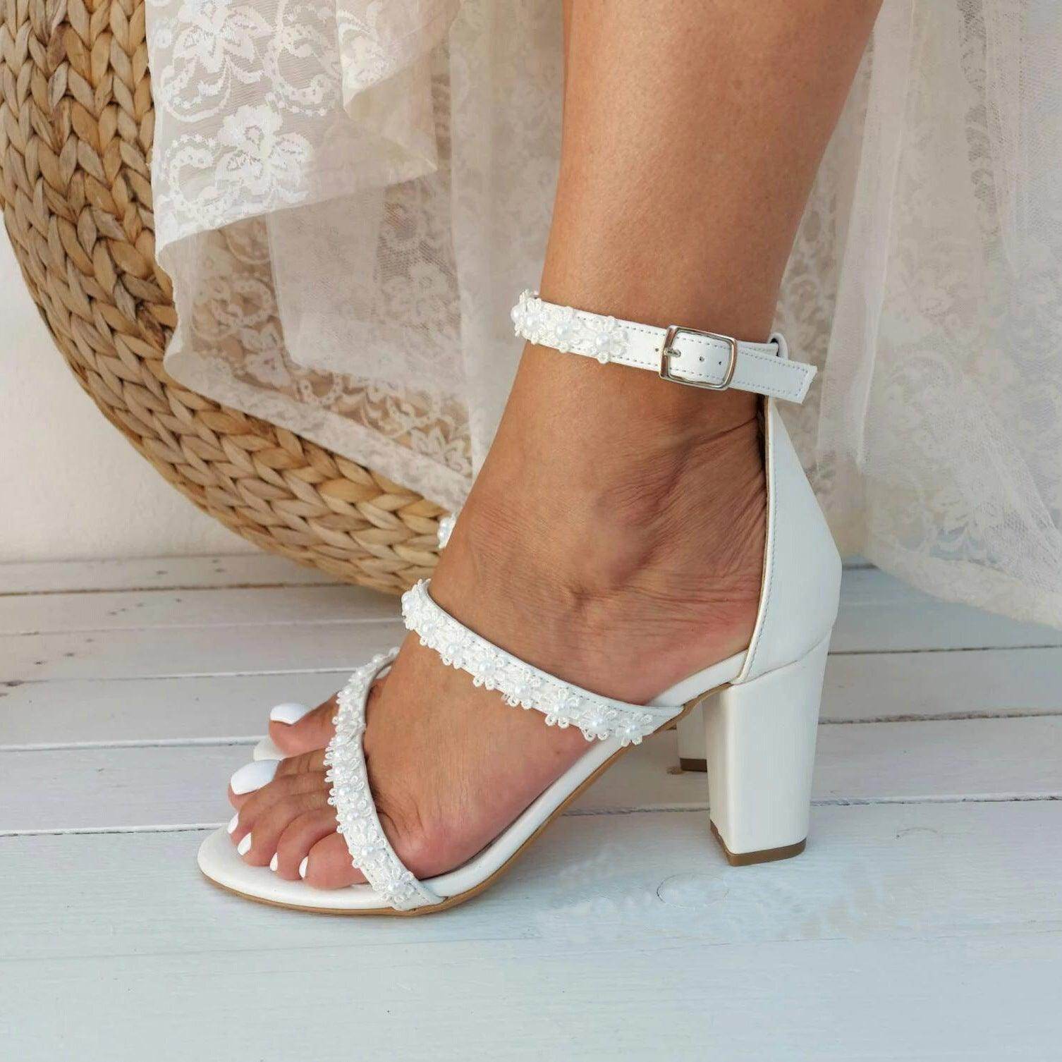 White Lace  Ankle Strap Block Heel Sandals 708995413390