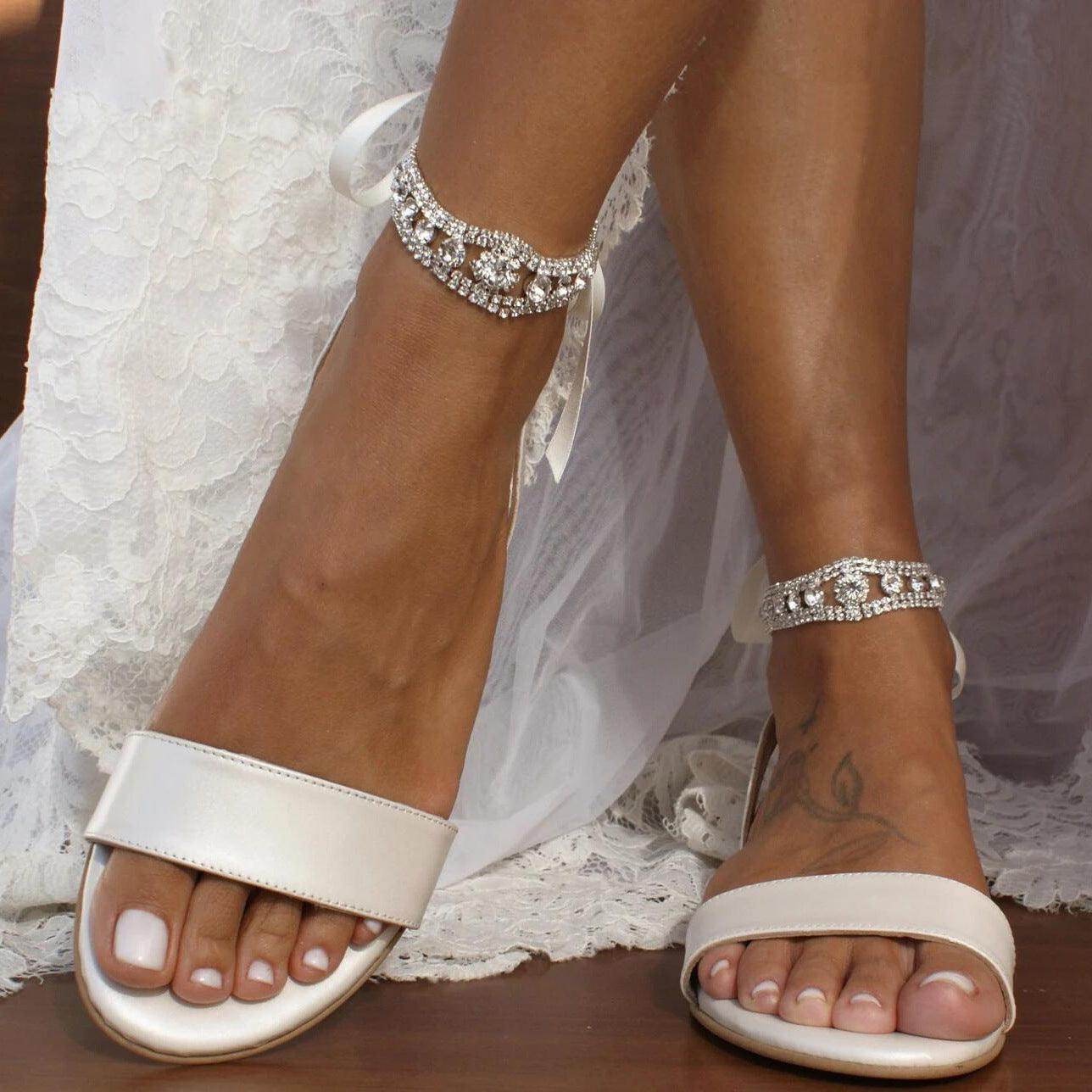 White Rhinestone Ankle Strap Round Flat Shoes 708980263259