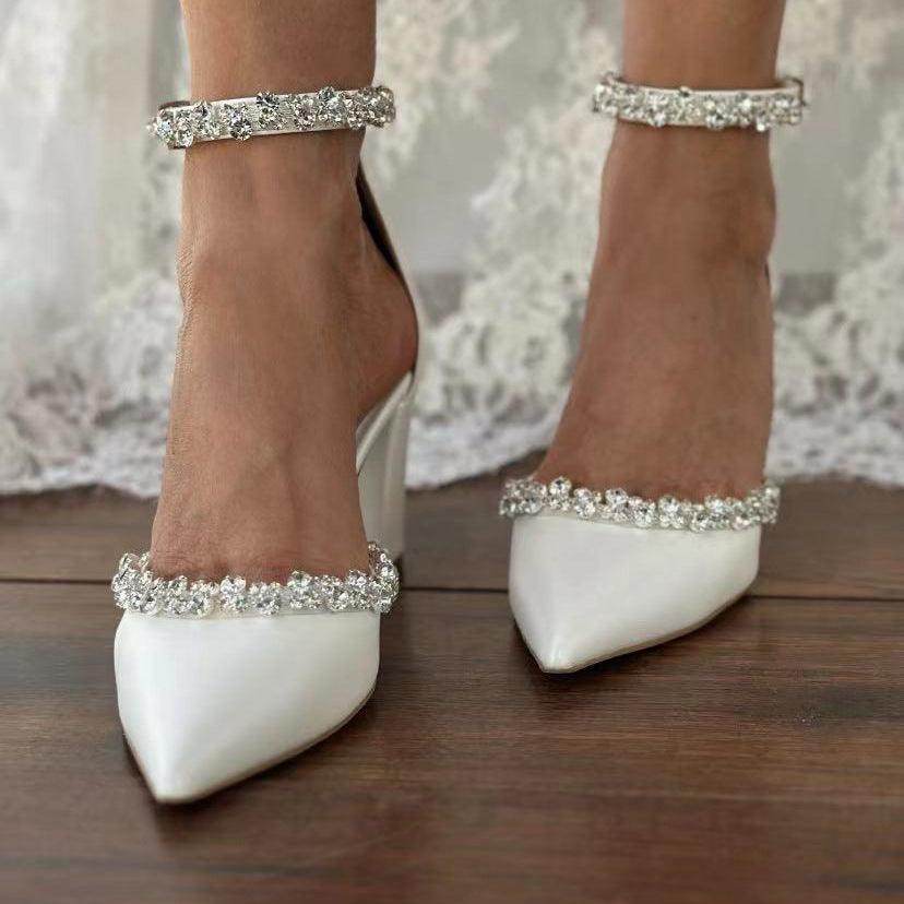 White Rhinestone Ankle Strap Pointy Block Heels 731350490264