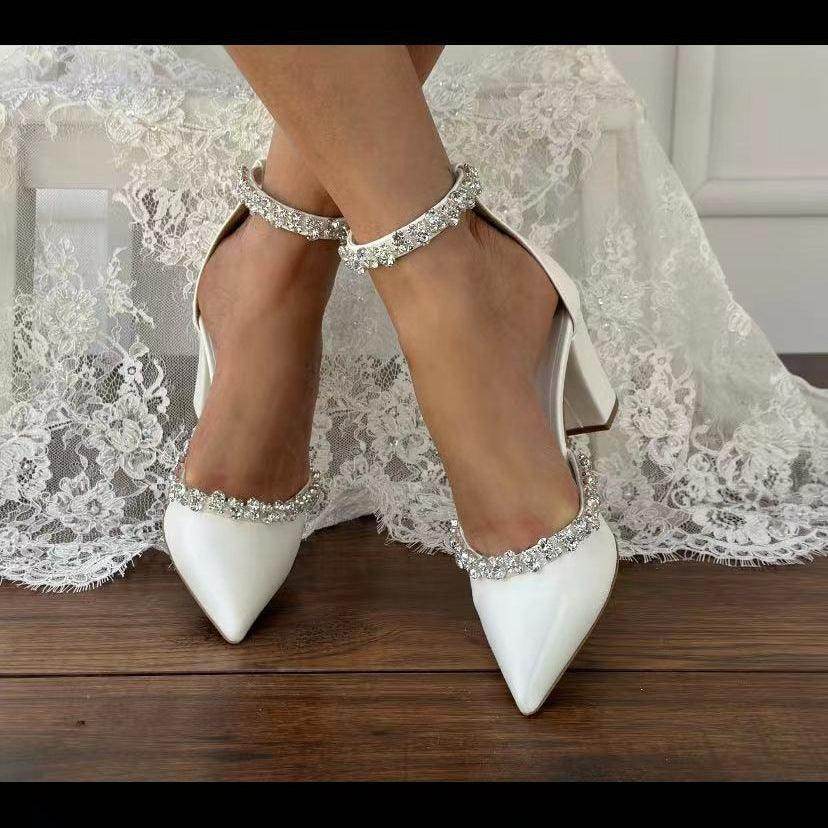 White Rhinestone Ankle Strap Pointy Block Heels 731350490264
