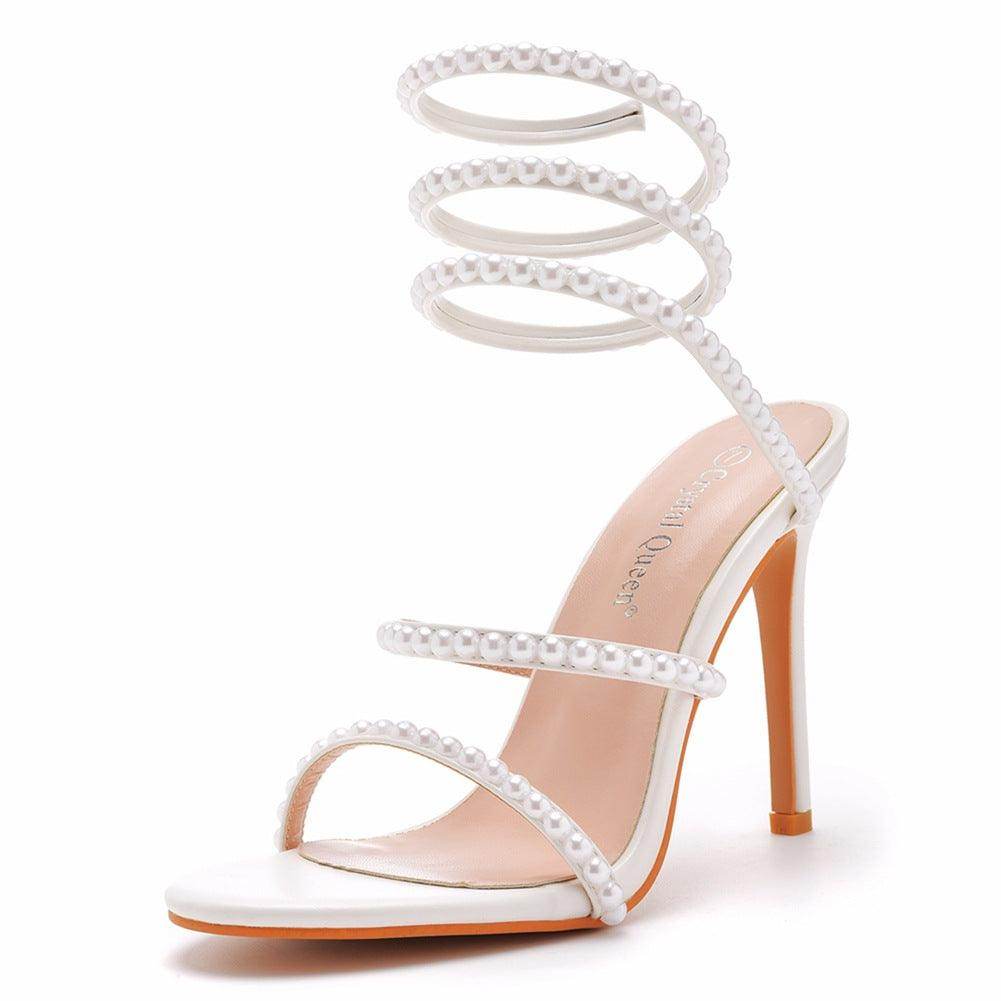 White Pearl Ankle Strap Pointy Stiletto heel Sandals 712542089589