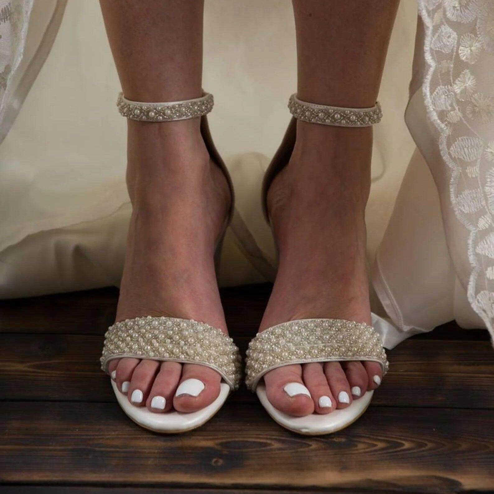 White Pearl Ankle Strap Round Block Heel Sandals 708036540906