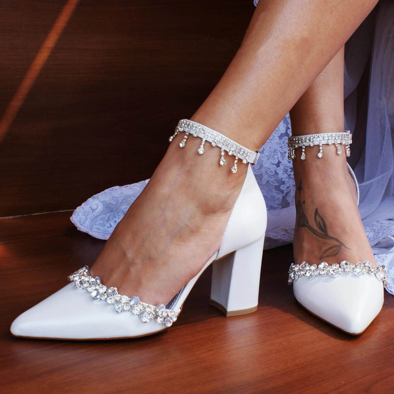 White Rhinestone Ankle Strap Pointy Block Heels 709534419682