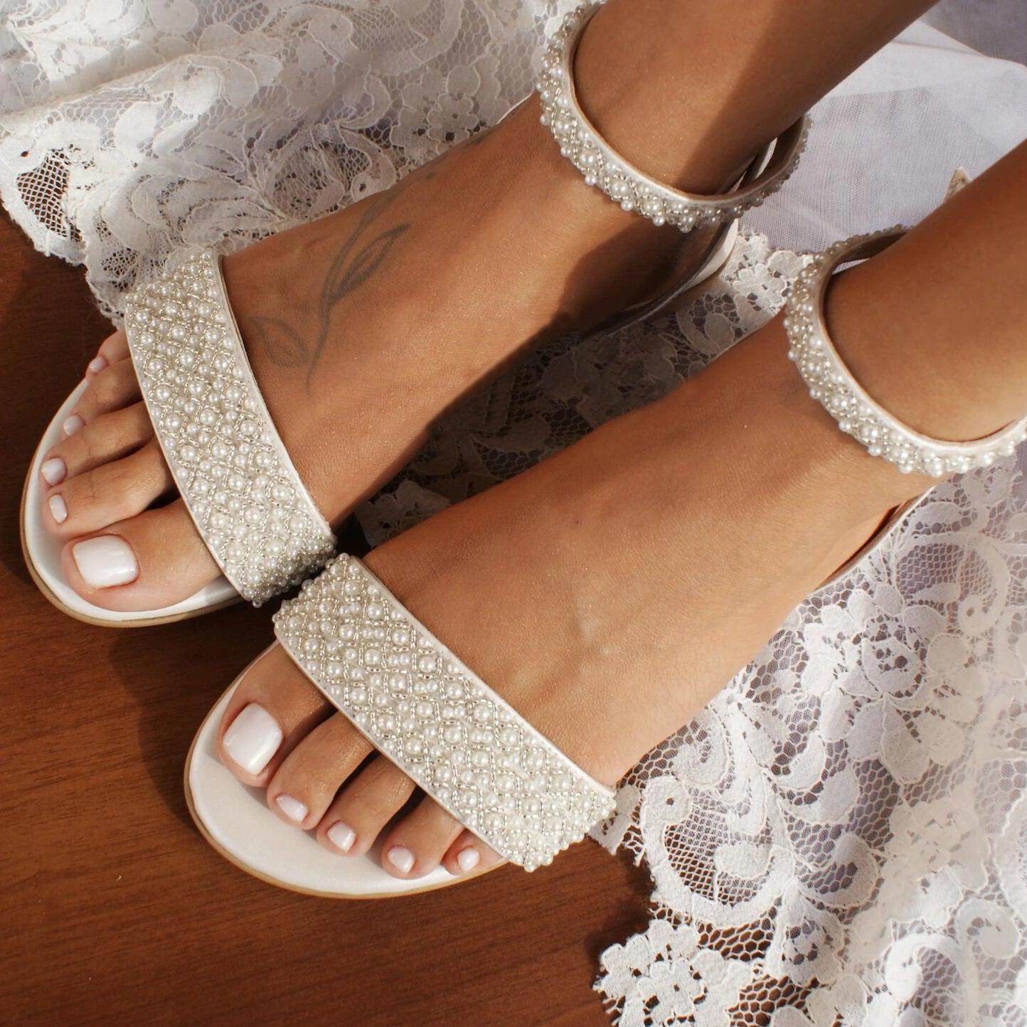 White Pearl Ankle Strap Round Flat Shoes 709075859698