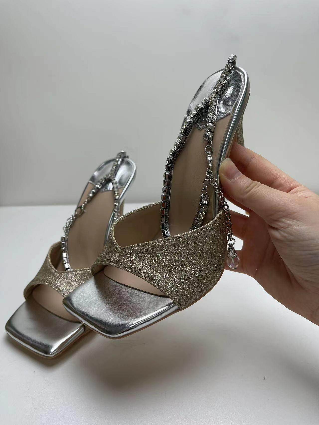 Glitter and Rhinestone Ankle Strap Square Stiletto Heels 695399992506