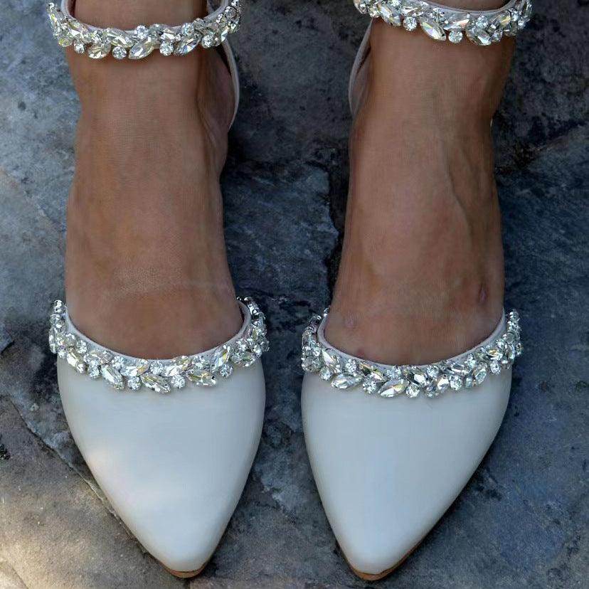 Rhinestone Ankle Strap Pointy Flat Shoes 728300420906