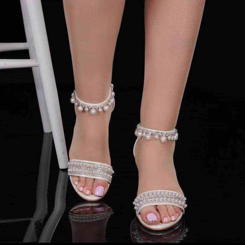 White Pearl and Rhinestone Ankle Strap Block Heel Sandals 728679690326