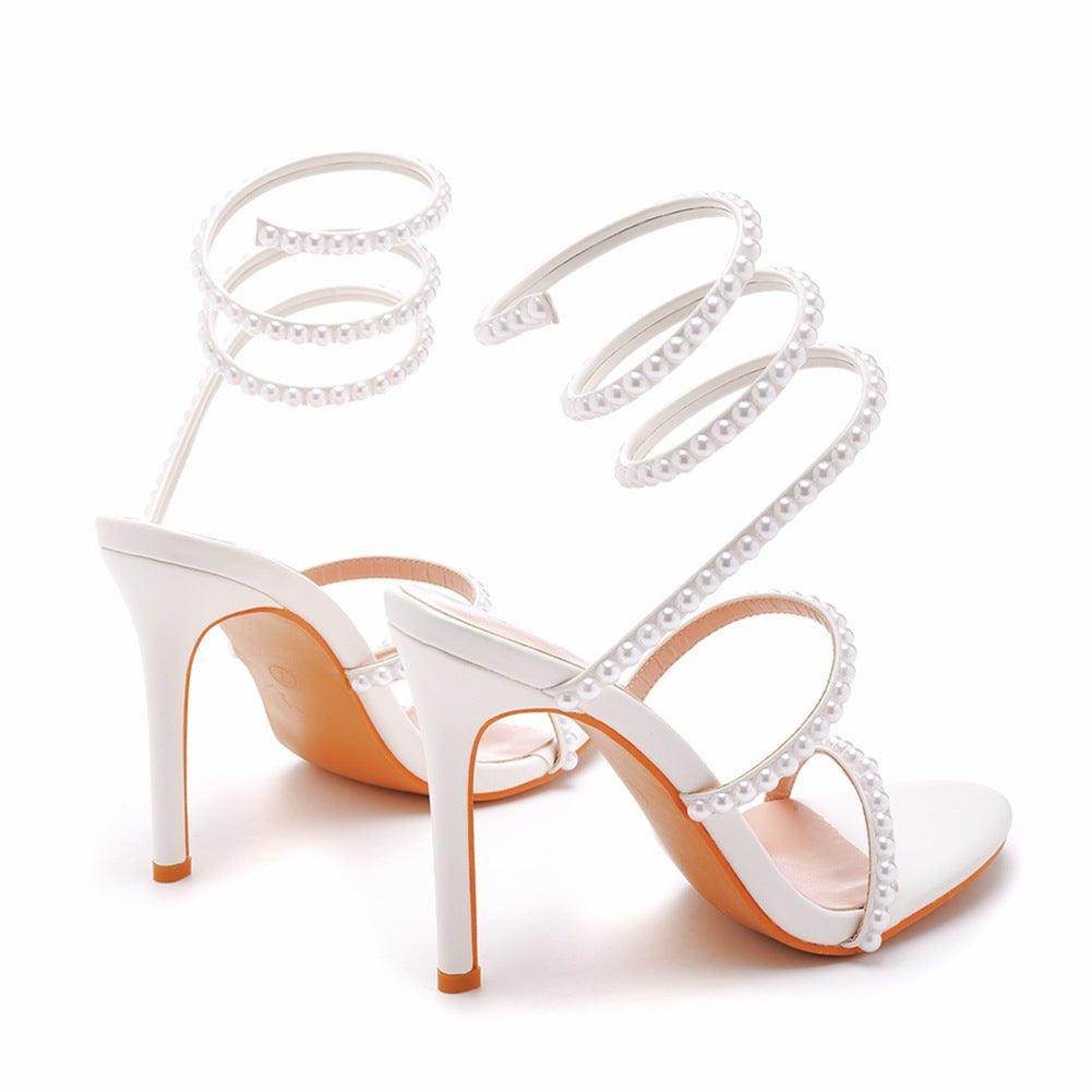 White Pearl Ankle Strap Pointy Stiletto heel Sandals 712542089589