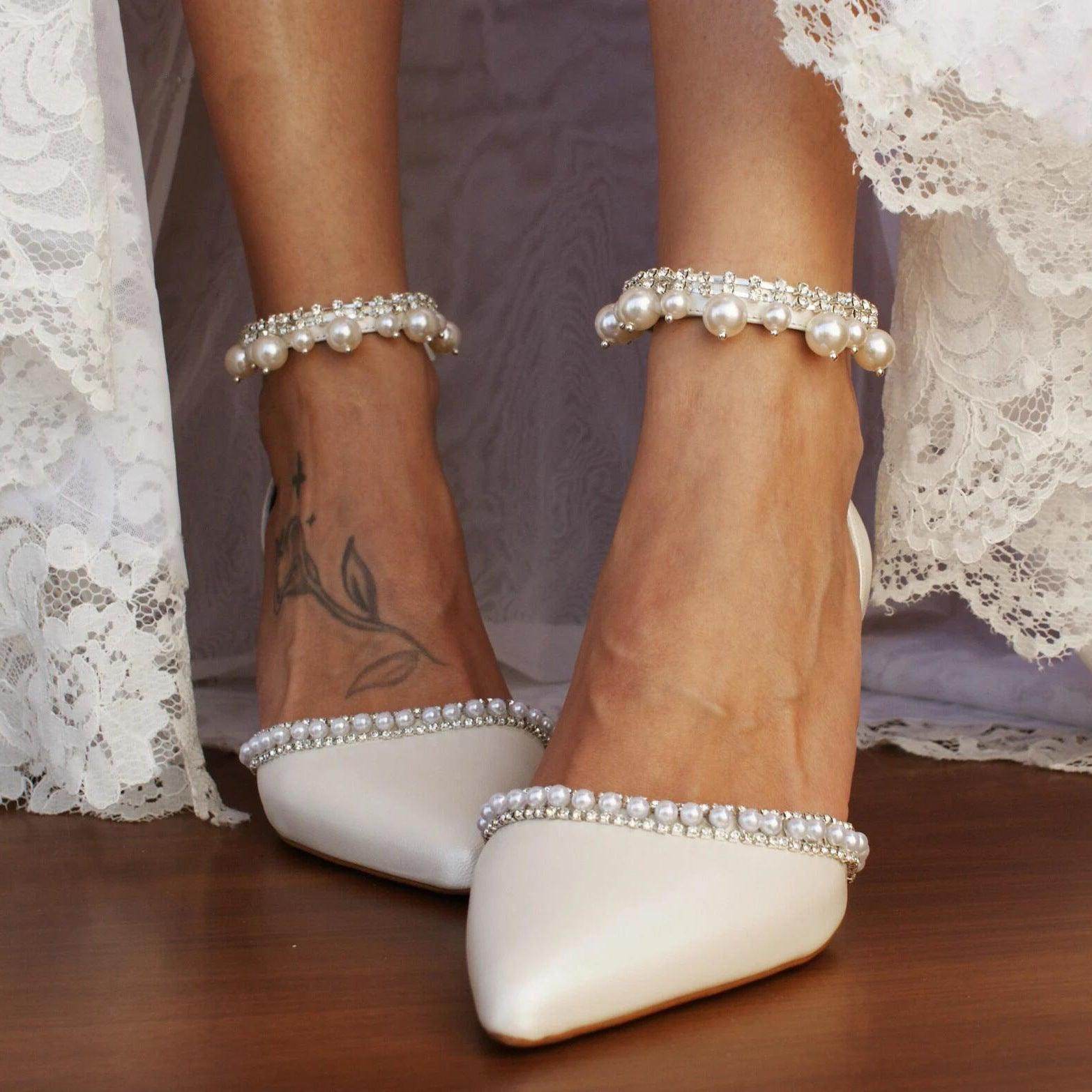 White  Pearl  Ankle Strap Pointy  Block Heels 709119829327