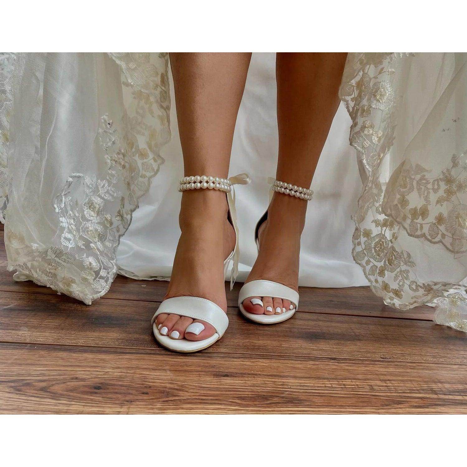 White Pearl Ankle Strap Round Block Heel Sandals 709190758540